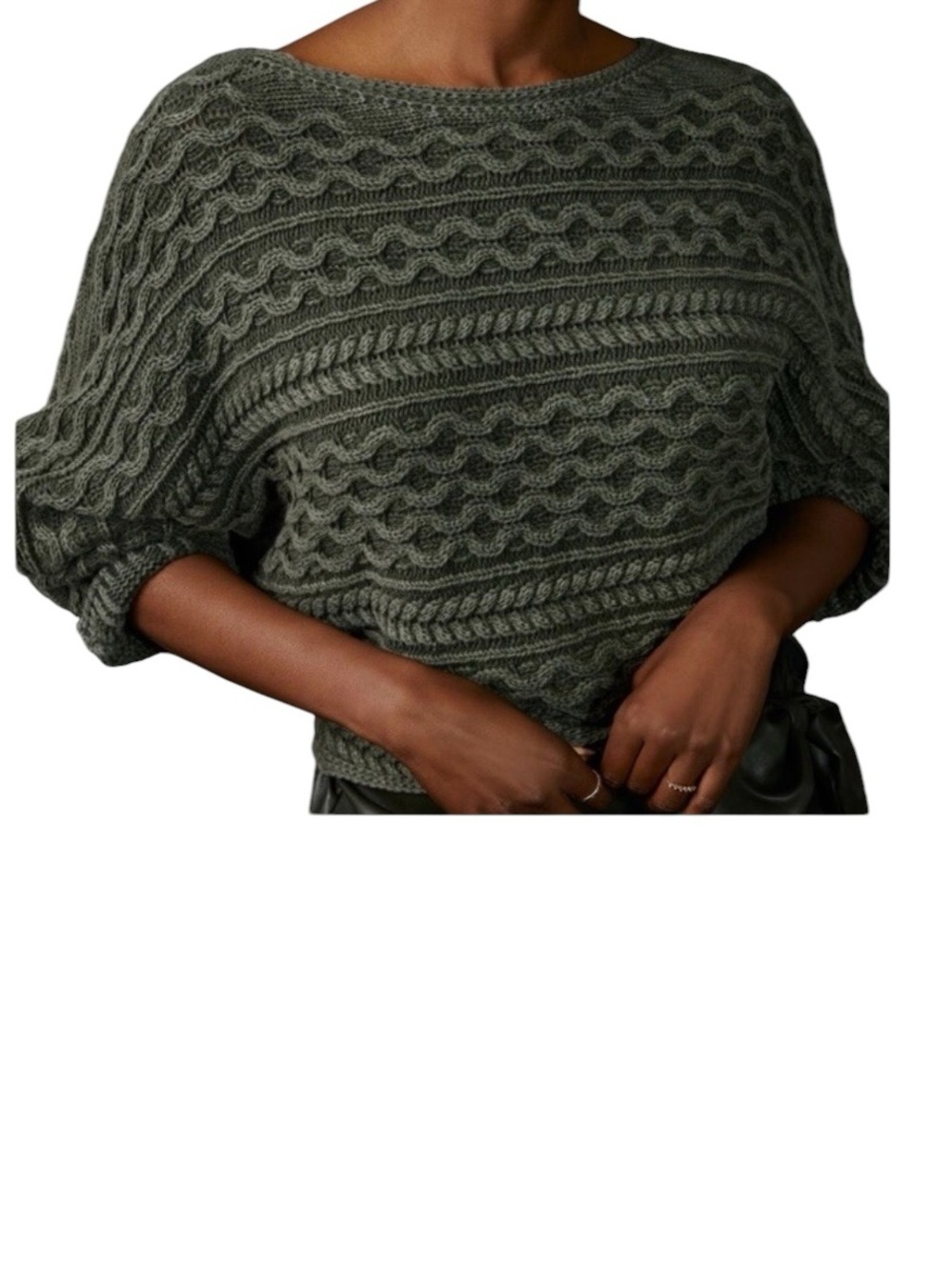 Pilcro Women's Green Chunky Cable-Knit Cropped Fisherman Sweater Boxy Size XS